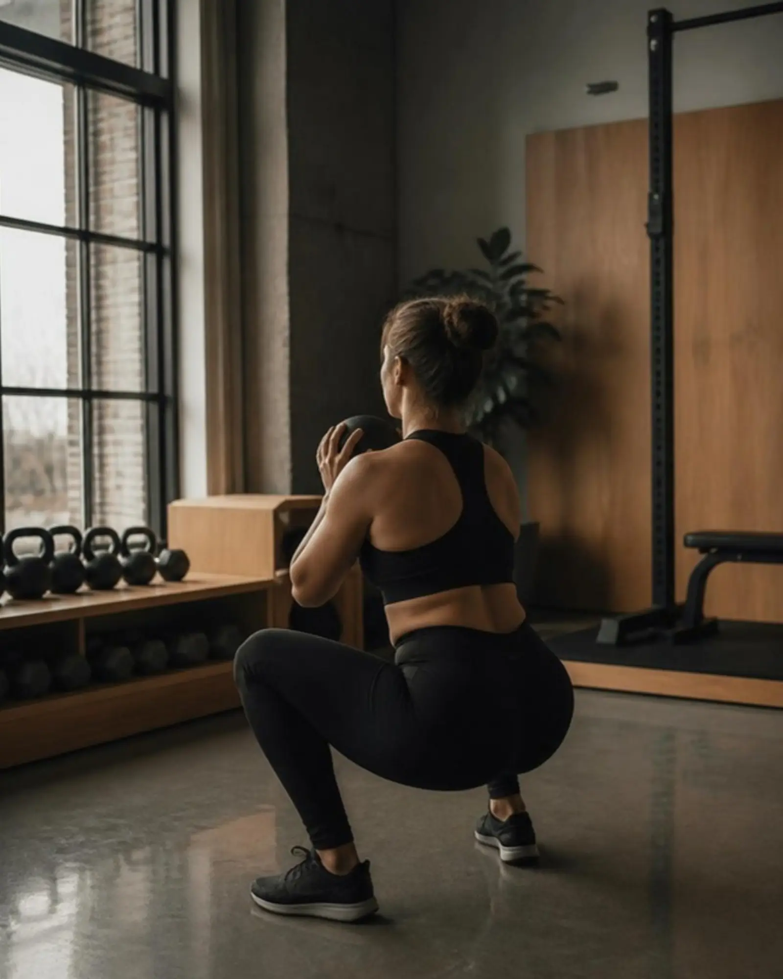 Een vrouw traint met een kettlebell in een rustige sportschool met grote ramen